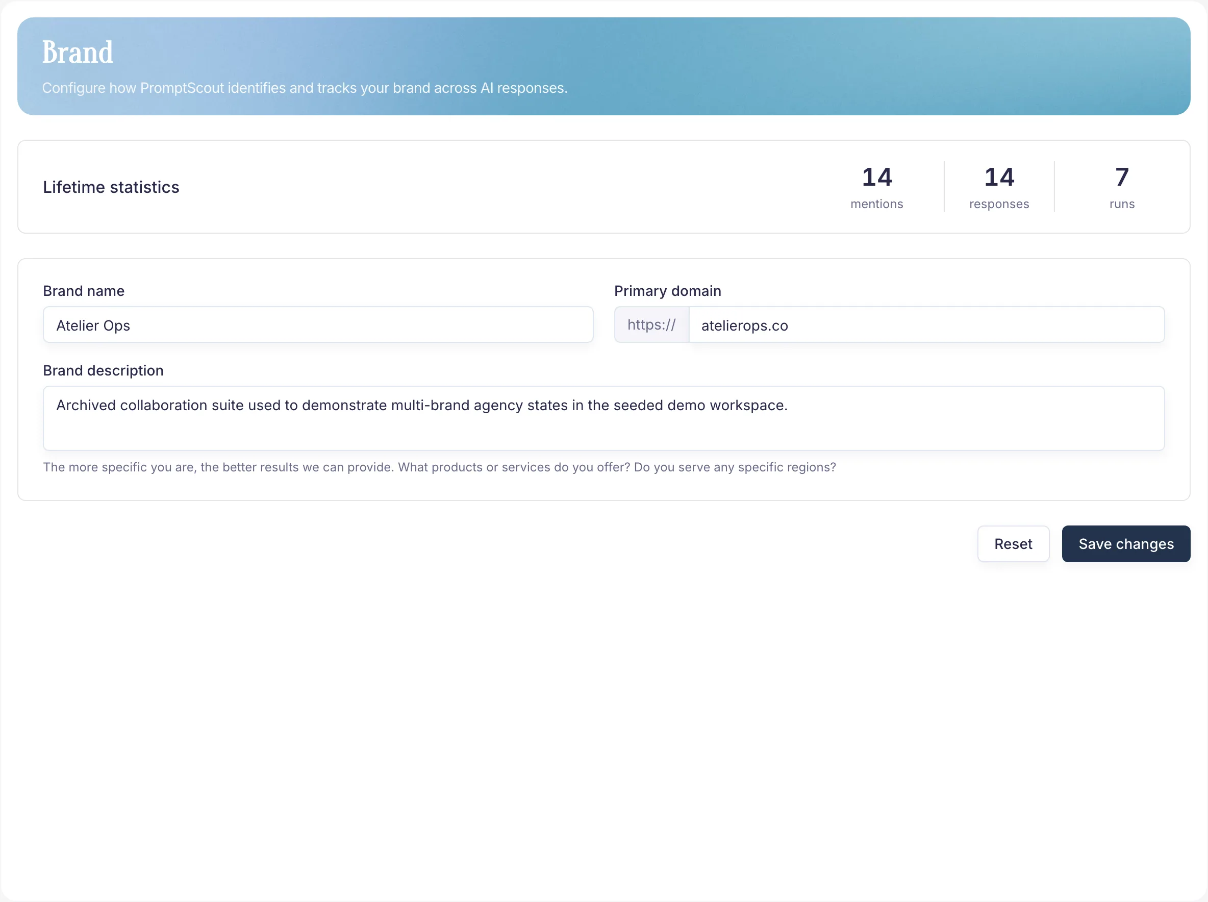PromptScout brand setup and visibility configuration