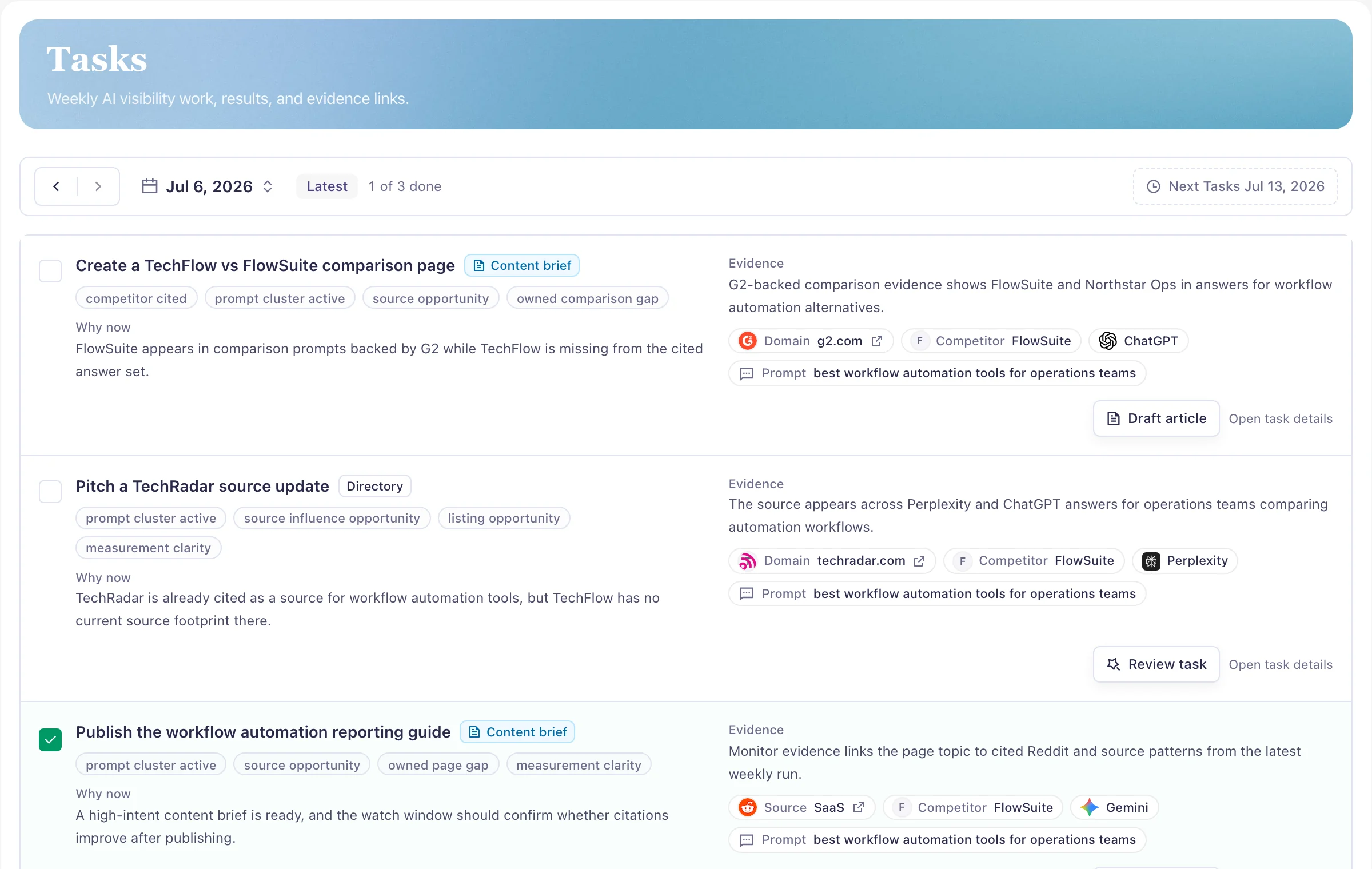 PromptScout Tasks showing synthetic prompt, provider, competitor, and source evidence with completion state and a later watch window.