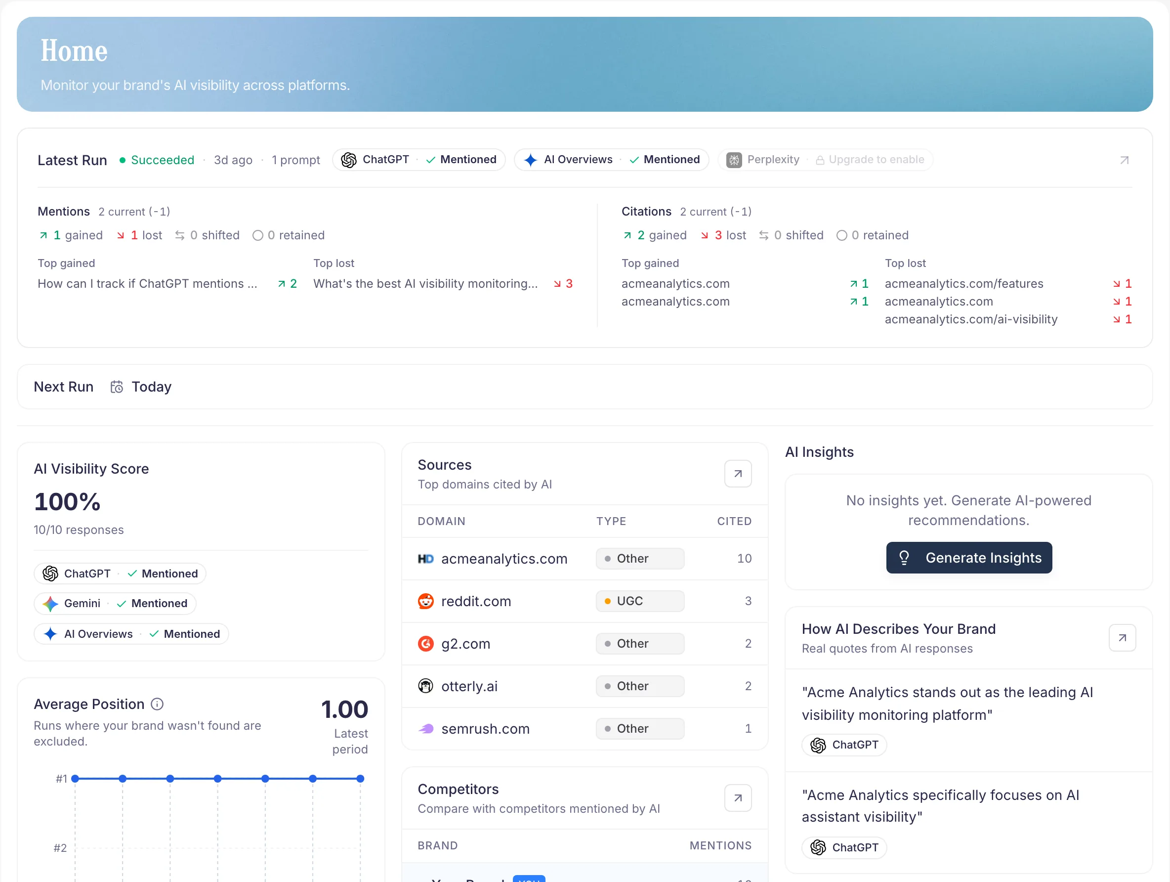 PromptScout setup flow leading into a first AI Visibility Check