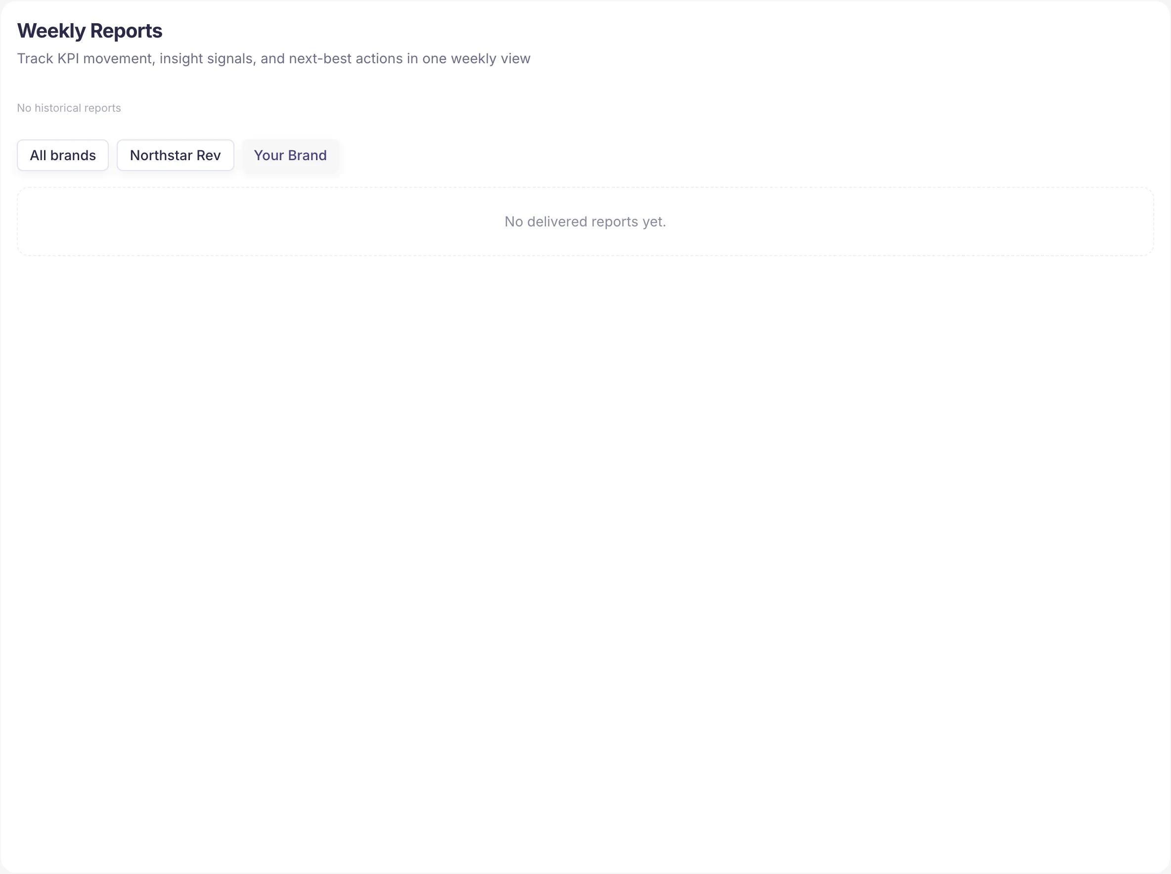 PromptScout weekly reports view summarizing AI visibility KPIs