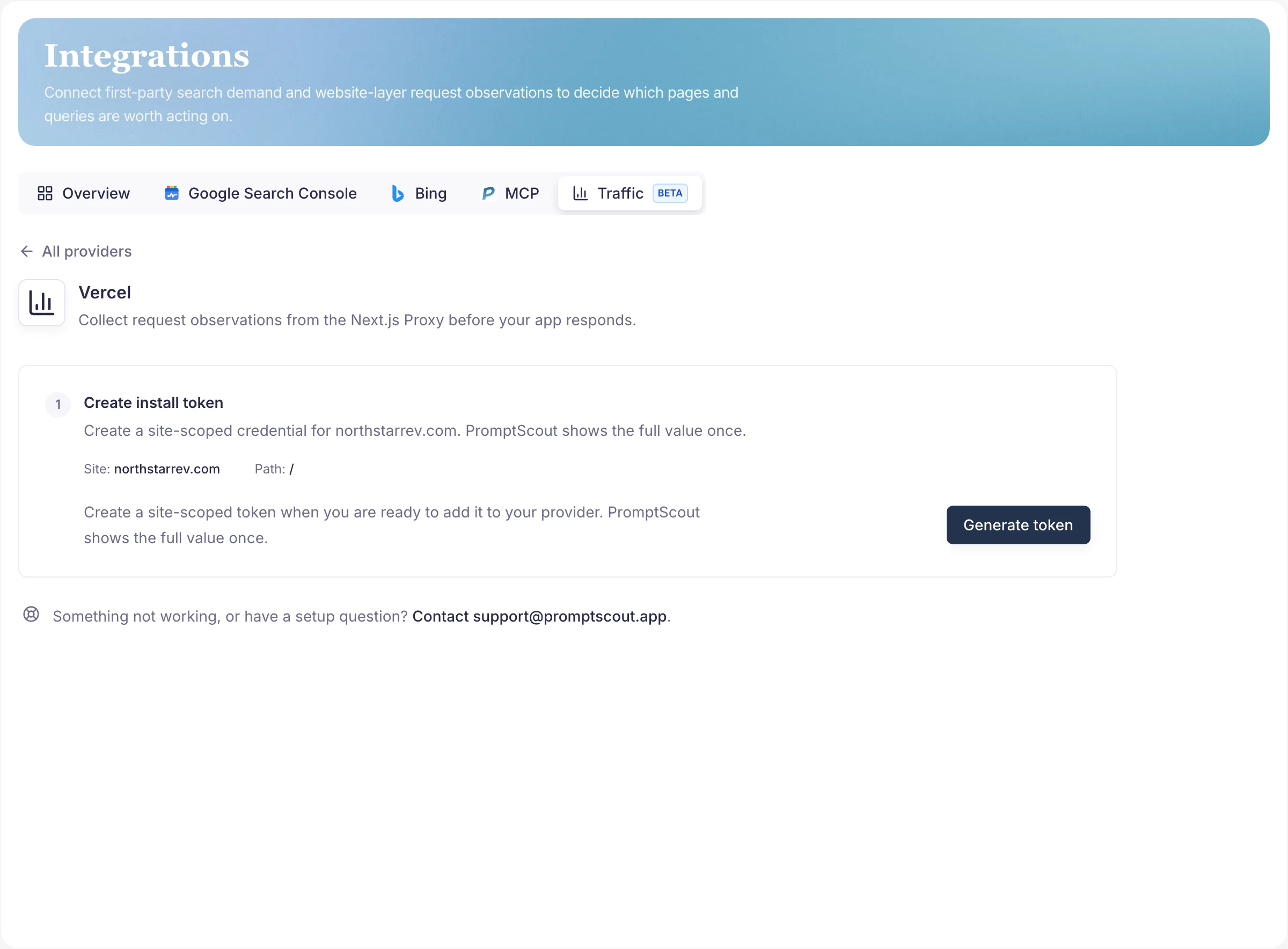 PromptScout Integrations page showing the Vercel Traffic provider and the first setup step for creating a site-scoped install token