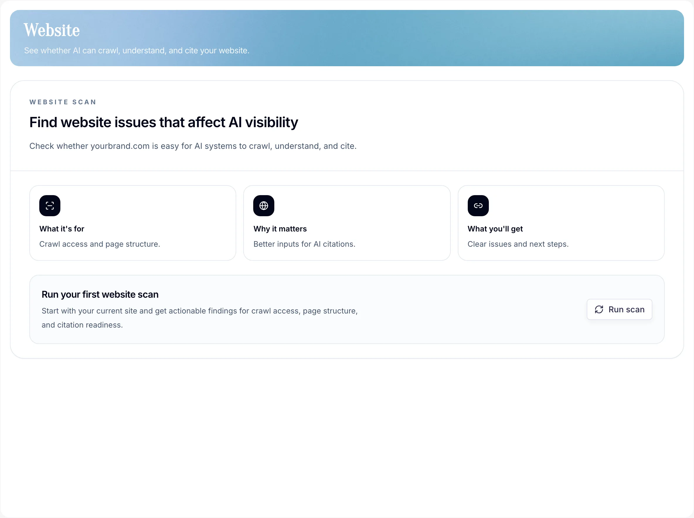 PromptScout website audit preview showing site-level AI readiness checks