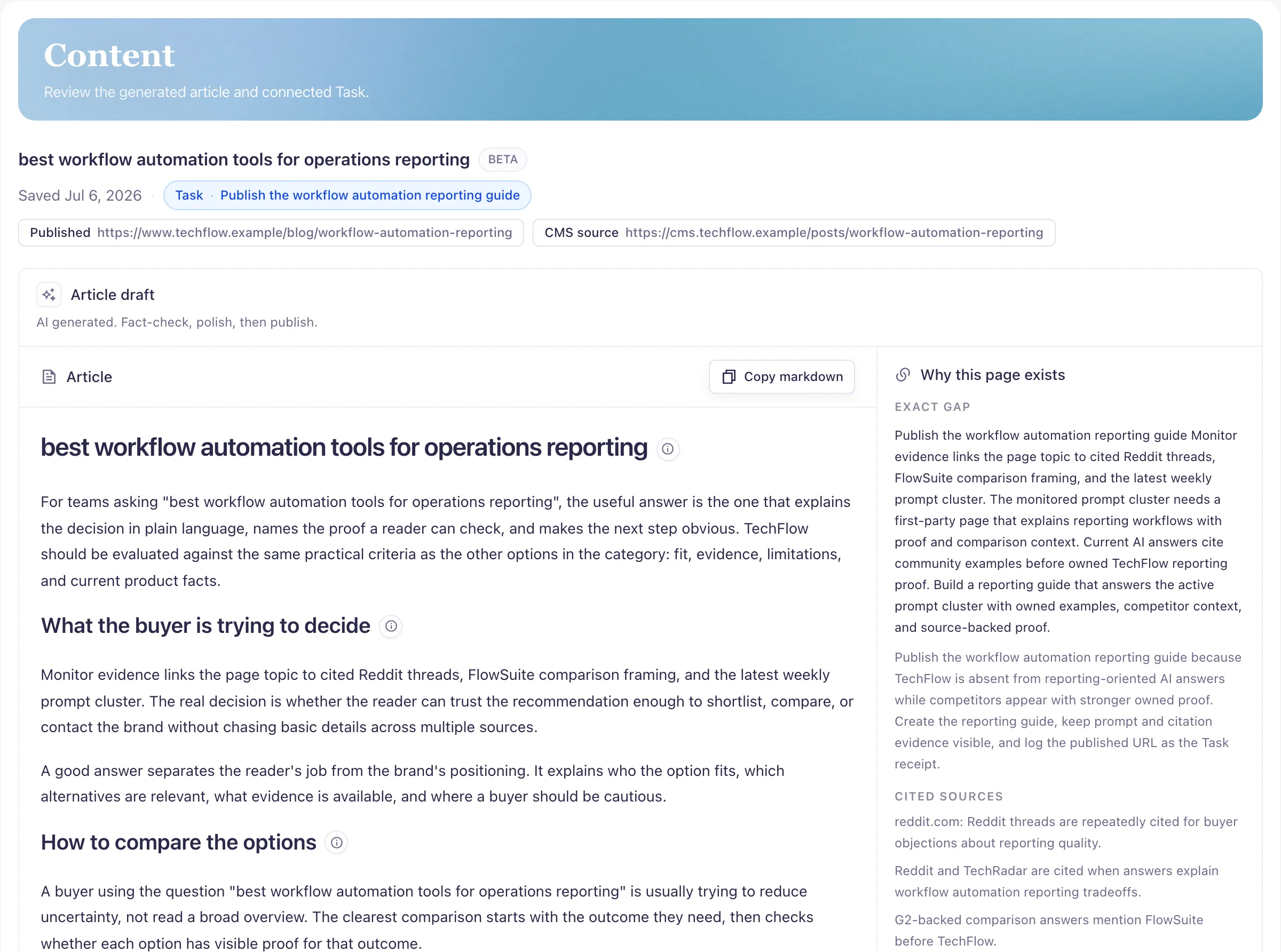 TechFlow fixture workspace showing a saved Content brief with source Task, prompt match, citation hints, competitor evidence, and source influence