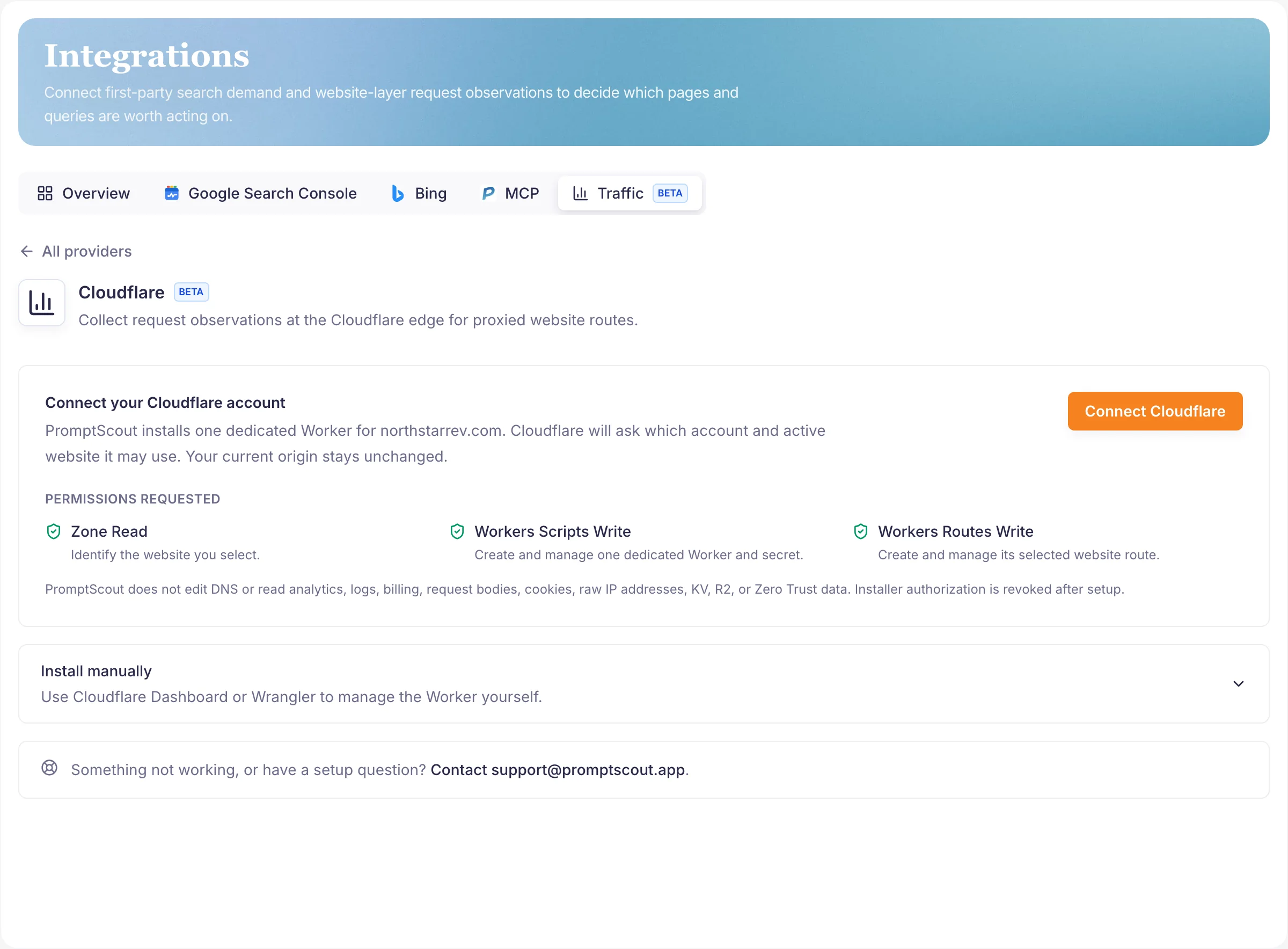 PromptScout Integrations page showing the Cloudflare Traffic provider with the Connect Cloudflare action and the three requested Cloudflare permissions.
