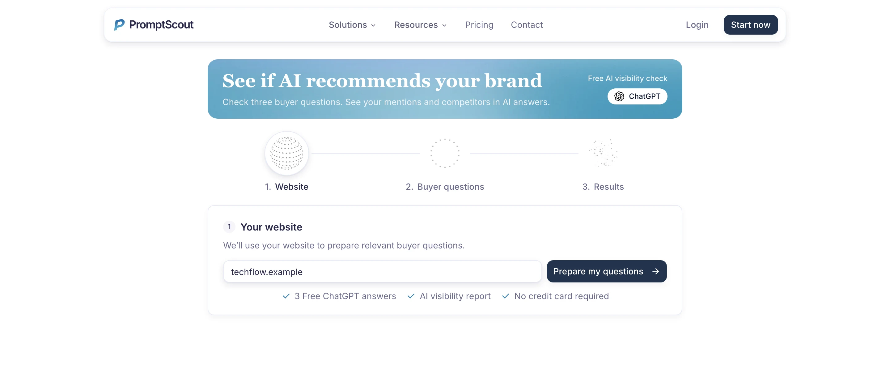 PromptScout Get Started page with the TechFlow website field and the Website, Buyer questions, and Results steps.