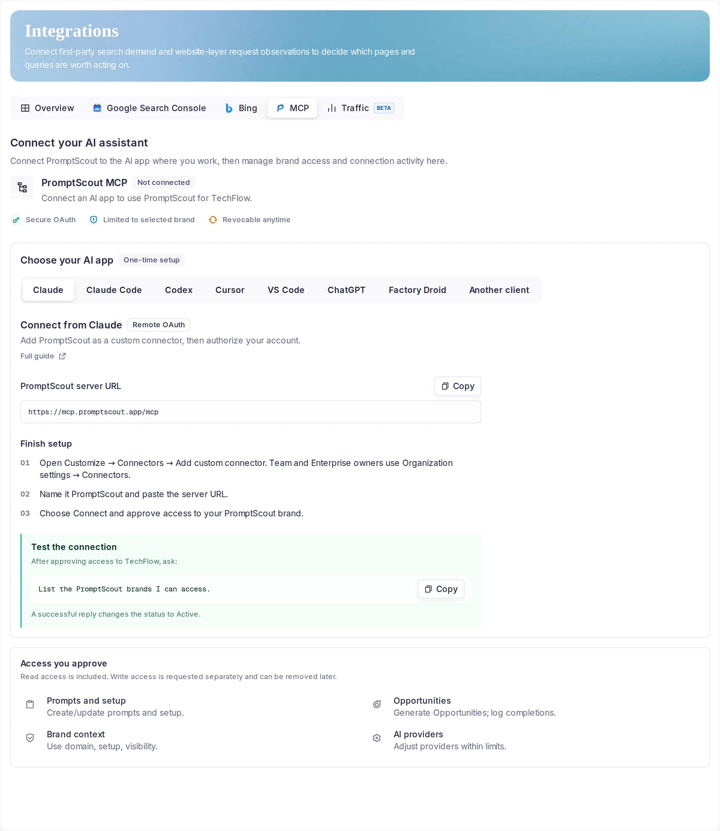 PromptScout Integrations page showing MCP access, a selected brand, OAuth status, server URL, and permission categories