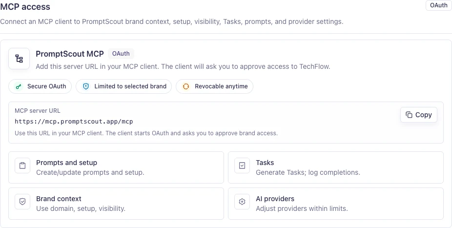 PromptScout Integrations page showing MCP access, a selected brand, OAuth status, server URL, and permission categories